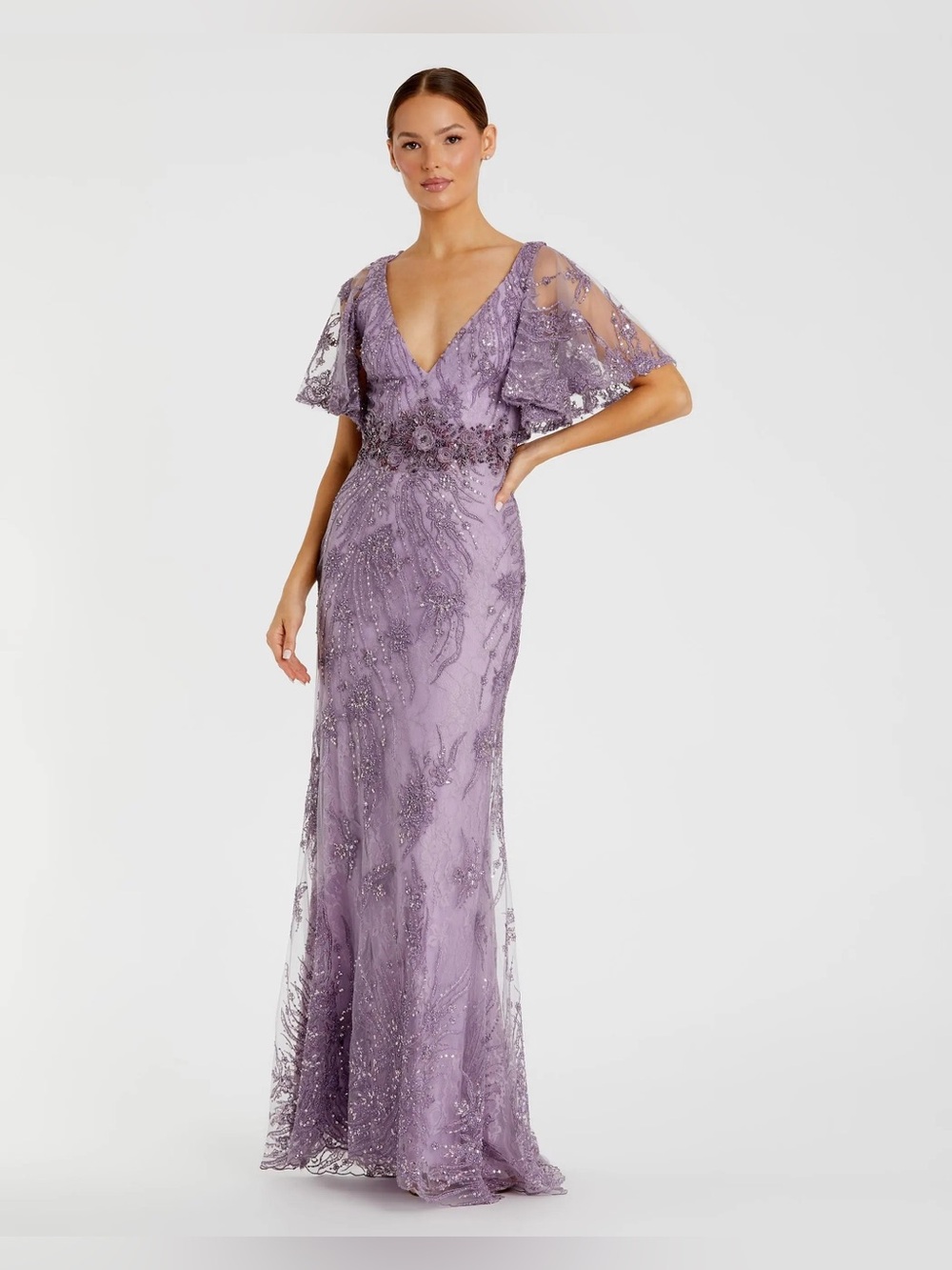 MAC DUGGAL
Purple Embellished Flutter Sleeve Evening Gown Size 10